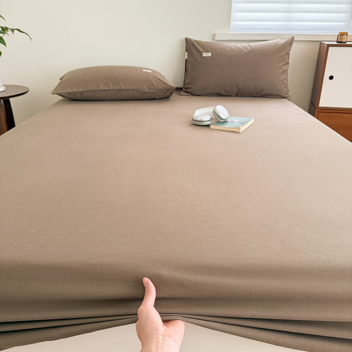 91家纺网 家纺一手货源 找家纺 眠博士 2025新款A类纯色全棉磨毛大床床笠三件套 磨毛床笠-陶瓷咖