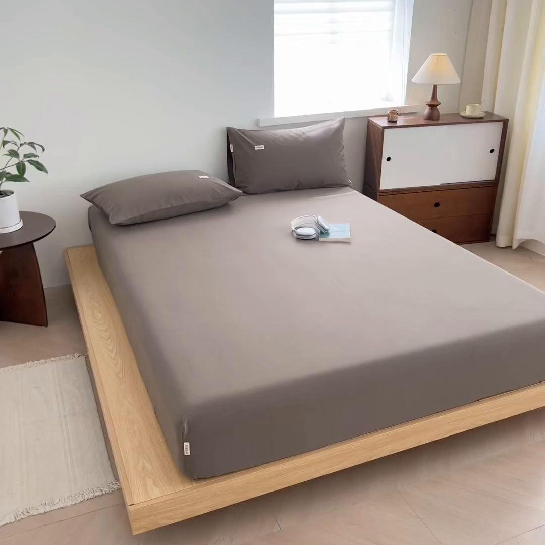 91家纺网 家纺一手货源 找家纺 眠博士 2025新款A类纯色全棉磨毛大床床笠三件套 磨毛床笠-陶瓷咖