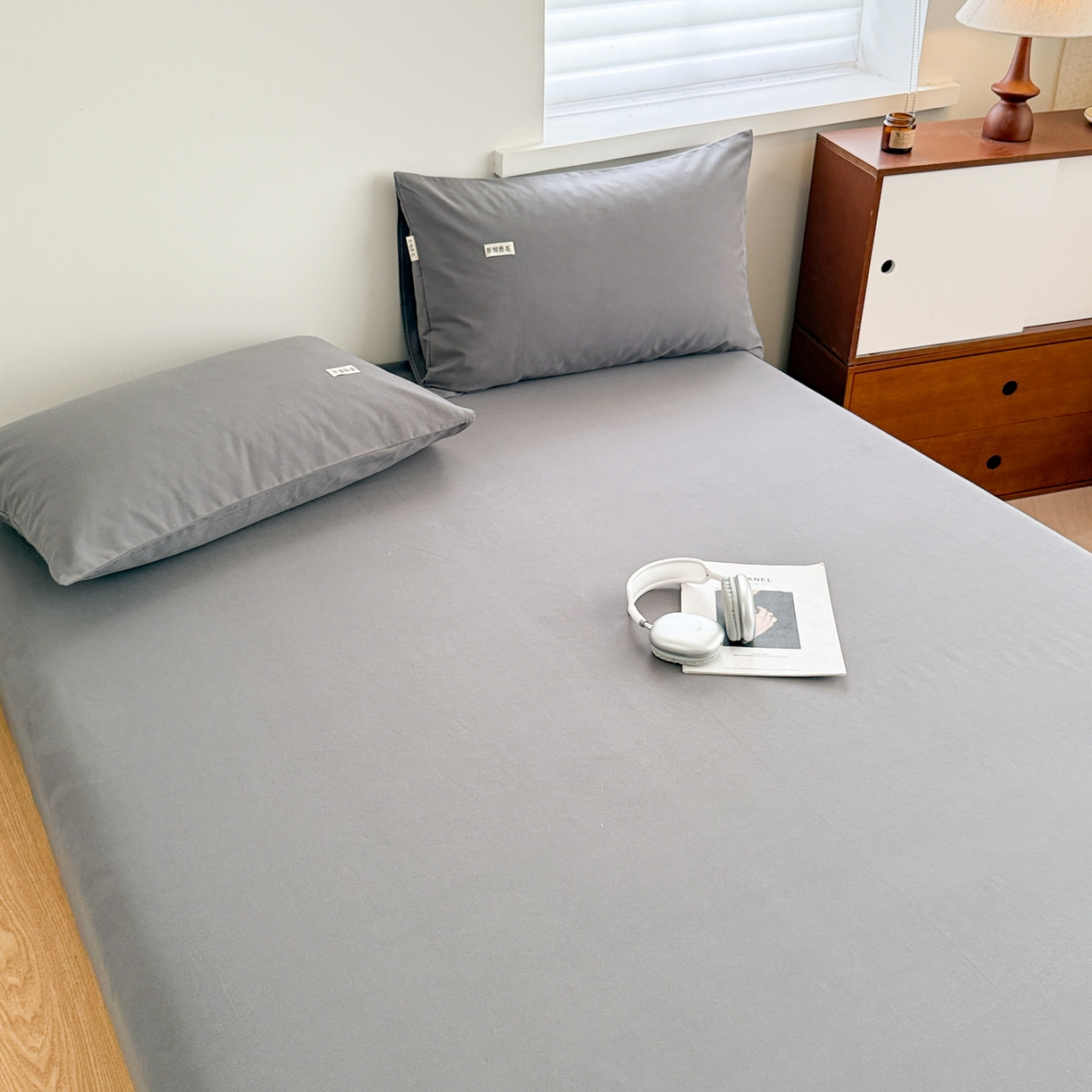 91家纺网 家纺一手货源 找家纺 眠博士 2025新款A类纯色全棉磨毛大床床笠三件套 磨毛床笠-陶瓷深灰