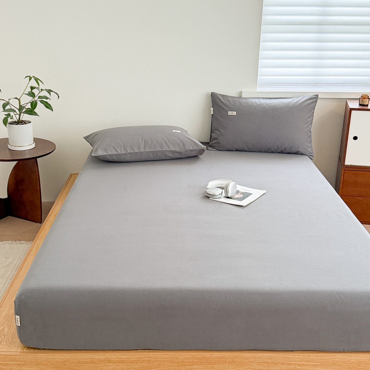 91家纺网 家纺一手货源 找家纺 眠博士 2025新款A类纯色全棉磨毛大床床笠三件套 磨毛床笠-陶瓷深灰