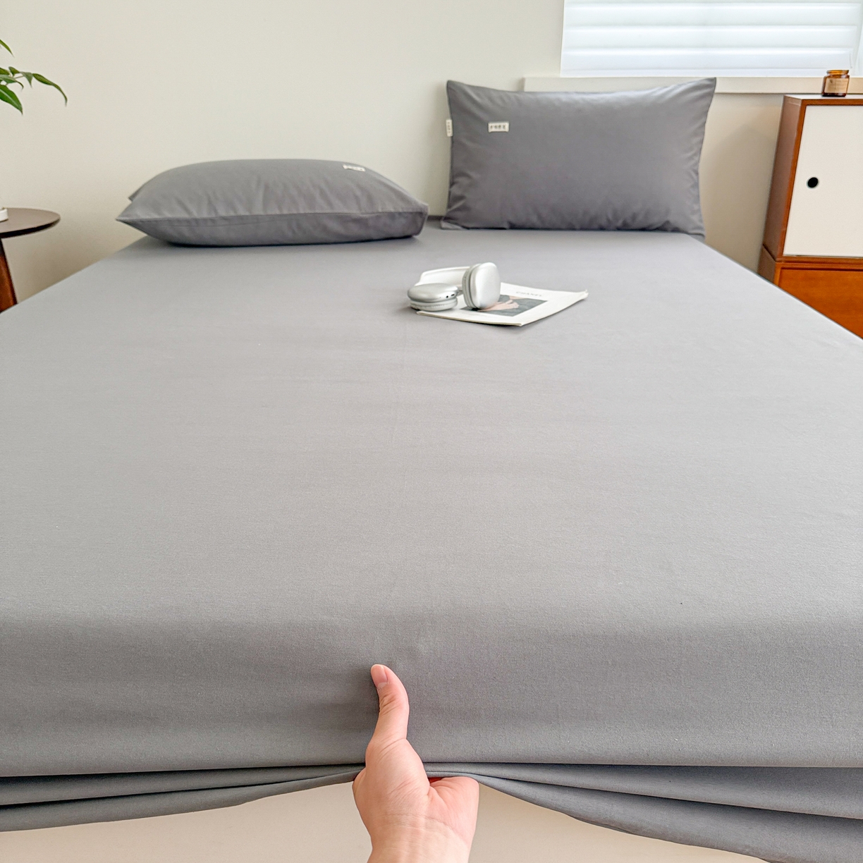 91家纺网 家纺一手货源 找家纺 眠博士 2025新款A类纯色全棉磨毛大床床笠三件套 磨毛床笠-陶瓷深灰