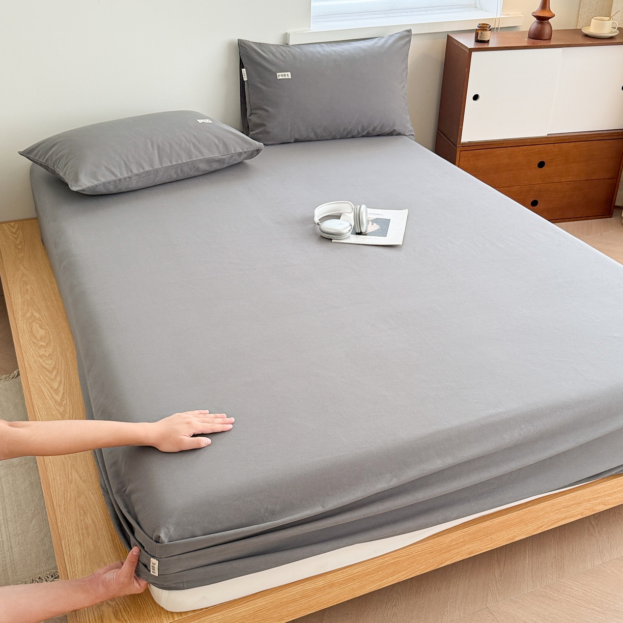 91家纺网 家纺一手货源 找家纺 眠博士 2025新款A类纯色全棉磨毛大床床笠三件套 磨毛床笠-陶瓷深灰