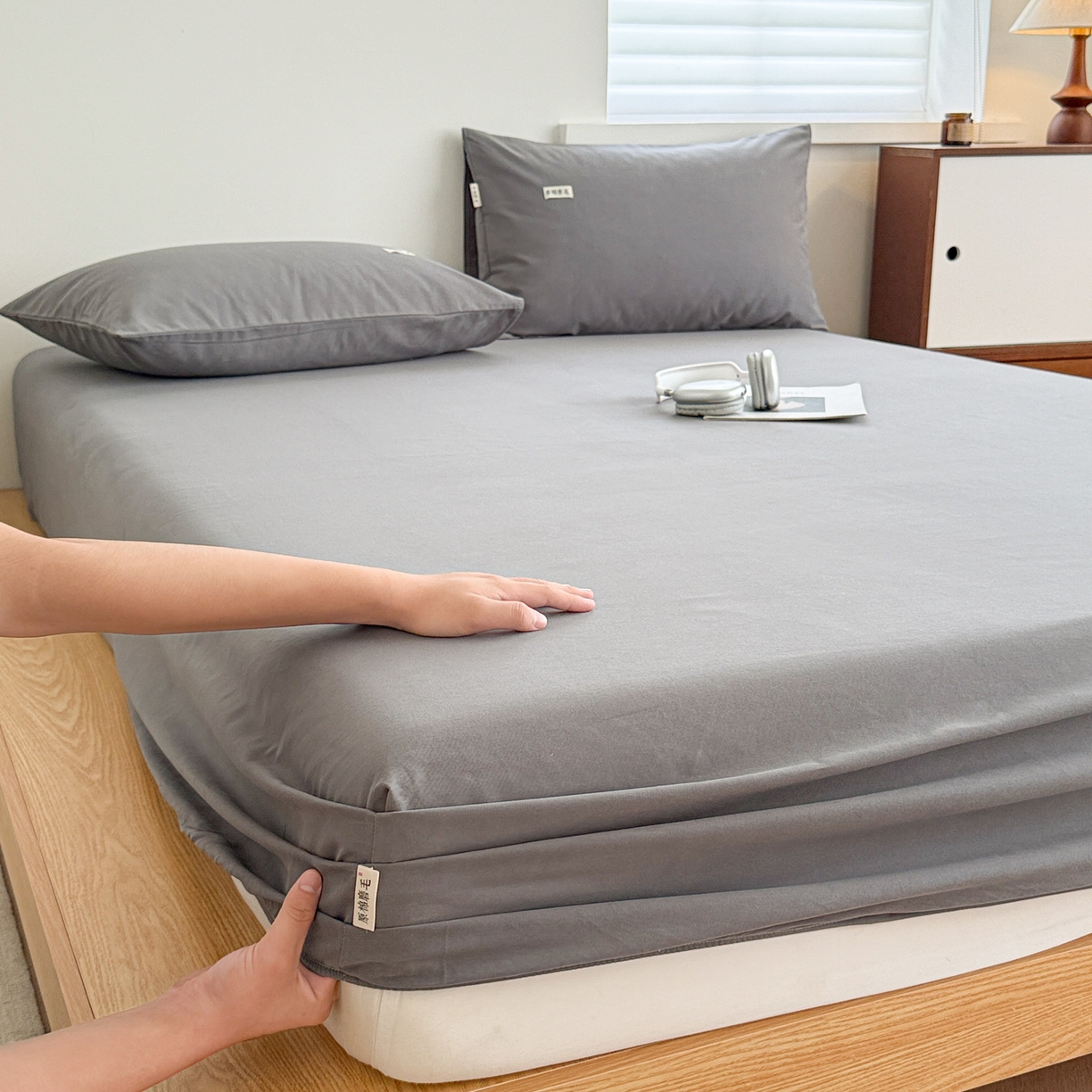 91家纺网 家纺一手货源 找家纺 眠博士 2025新款A类纯色全棉磨毛大床床笠三件套 磨毛床笠-陶瓷深灰