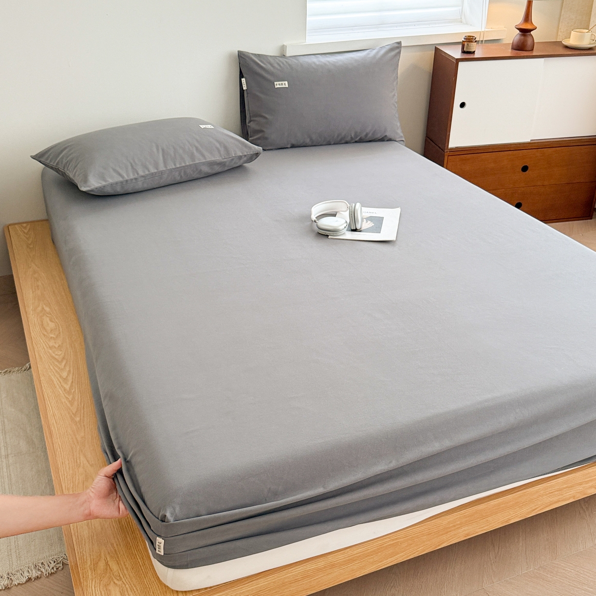 91家纺网 家纺一手货源 找家纺 眠博士 2025新款A类纯色全棉磨毛大床床笠三件套 磨毛床笠-陶瓷深灰