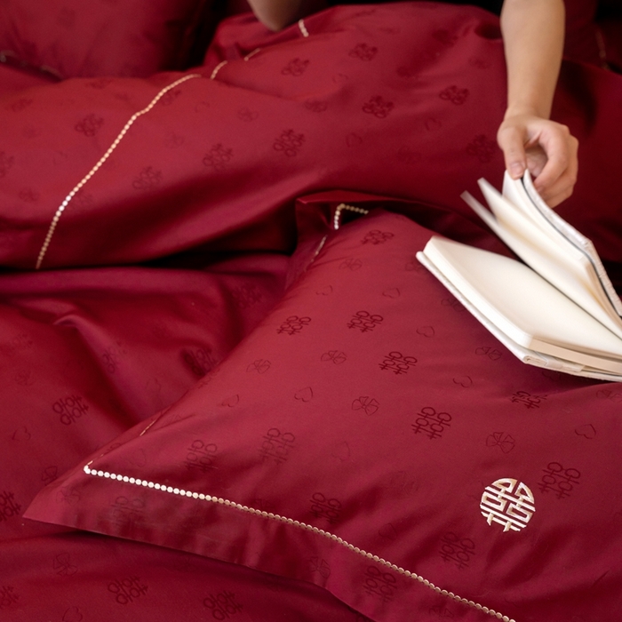 91家纺网 家纺一手货源 找家纺 （总）优然居家纺 2025新款宽边刺绣婚庆四件套-喜结同心