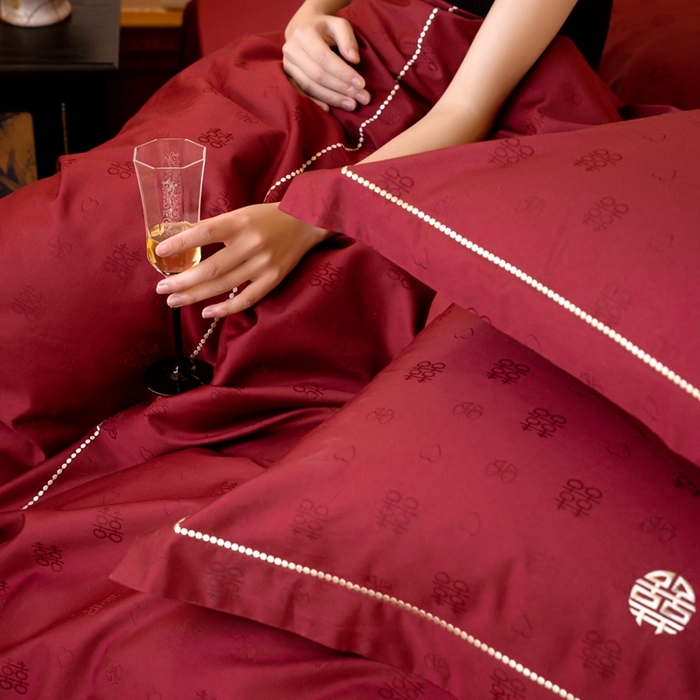 91家纺网 家纺一手货源 找家纺 （总）优然居家纺 2025新款宽边刺绣婚庆四件套-喜结同心