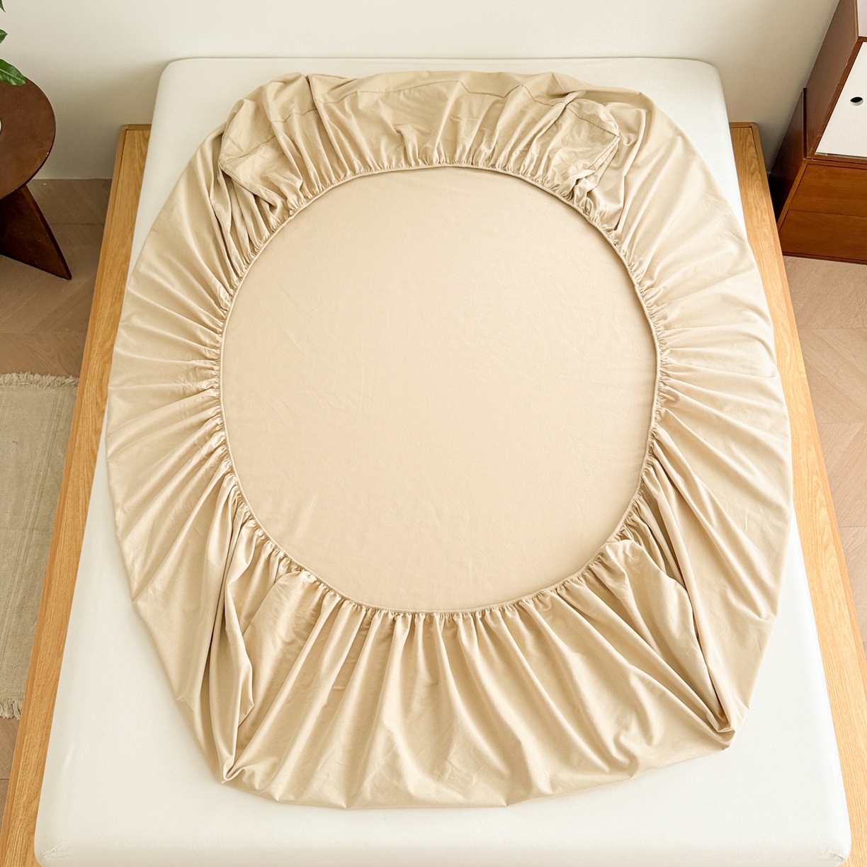 91家纺网 家纺一手货源 找家纺 眠博士 2025新款A类纯色全棉磨毛大床床笠三件套 磨毛床笠-陶瓷杏