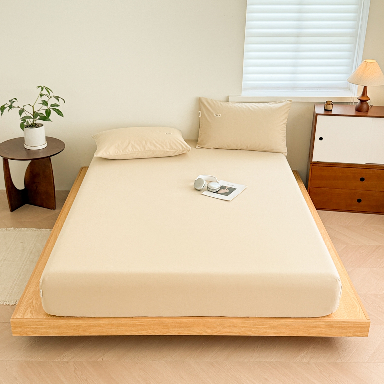 91家纺网 家纺一手货源 找家纺 眠博士 2025新款A类纯色全棉磨毛大床床笠三件套 磨毛床笠-陶瓷杏