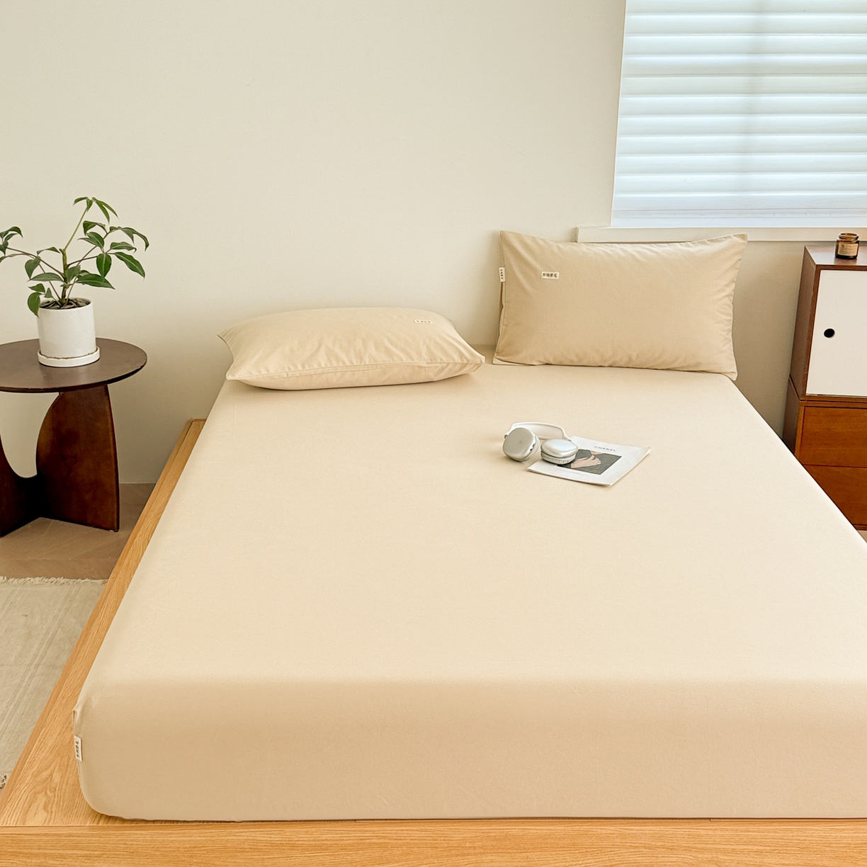 91家纺网 家纺一手货源 找家纺 眠博士 2025新款A类纯色全棉磨毛大床床笠三件套 磨毛床笠-陶瓷杏