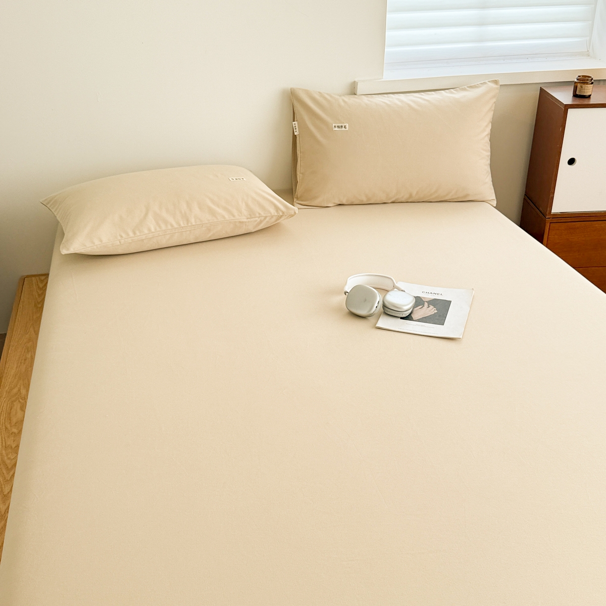 91家纺网 家纺一手货源 找家纺 眠博士 2025新款A类纯色全棉磨毛大床床笠三件套 磨毛床笠-陶瓷杏