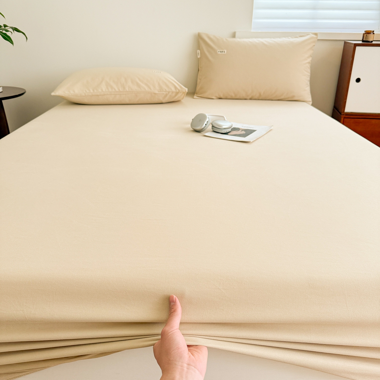 91家纺网 家纺一手货源 找家纺 眠博士 2025新款A类纯色全棉磨毛大床床笠三件套 磨毛床笠-陶瓷杏