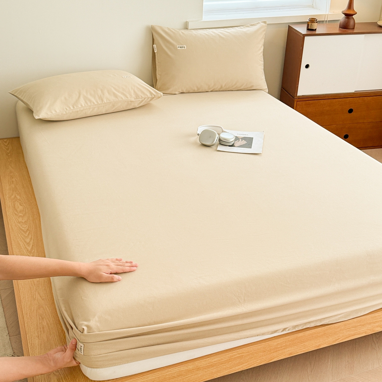 91家纺网 家纺一手货源 找家纺 眠博士 2025新款A类纯色全棉磨毛大床床笠三件套 磨毛床笠-陶瓷杏