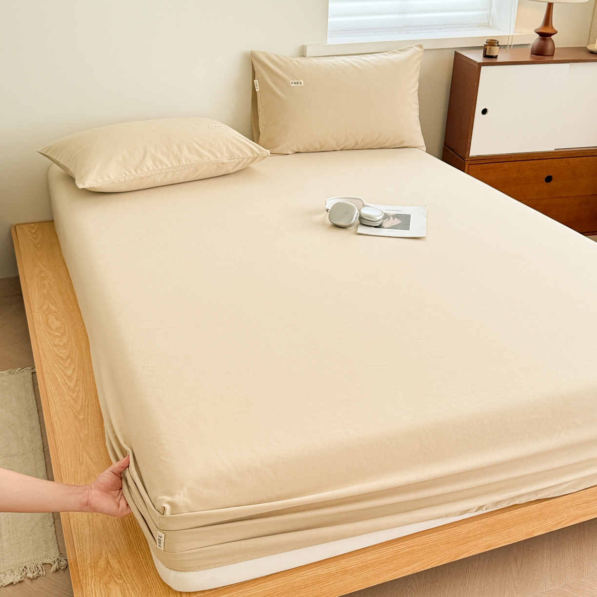 91家纺网 家纺一手货源 找家纺 眠博士 2025新款A类纯色全棉磨毛大床床笠三件套 磨毛床笠-陶瓷杏