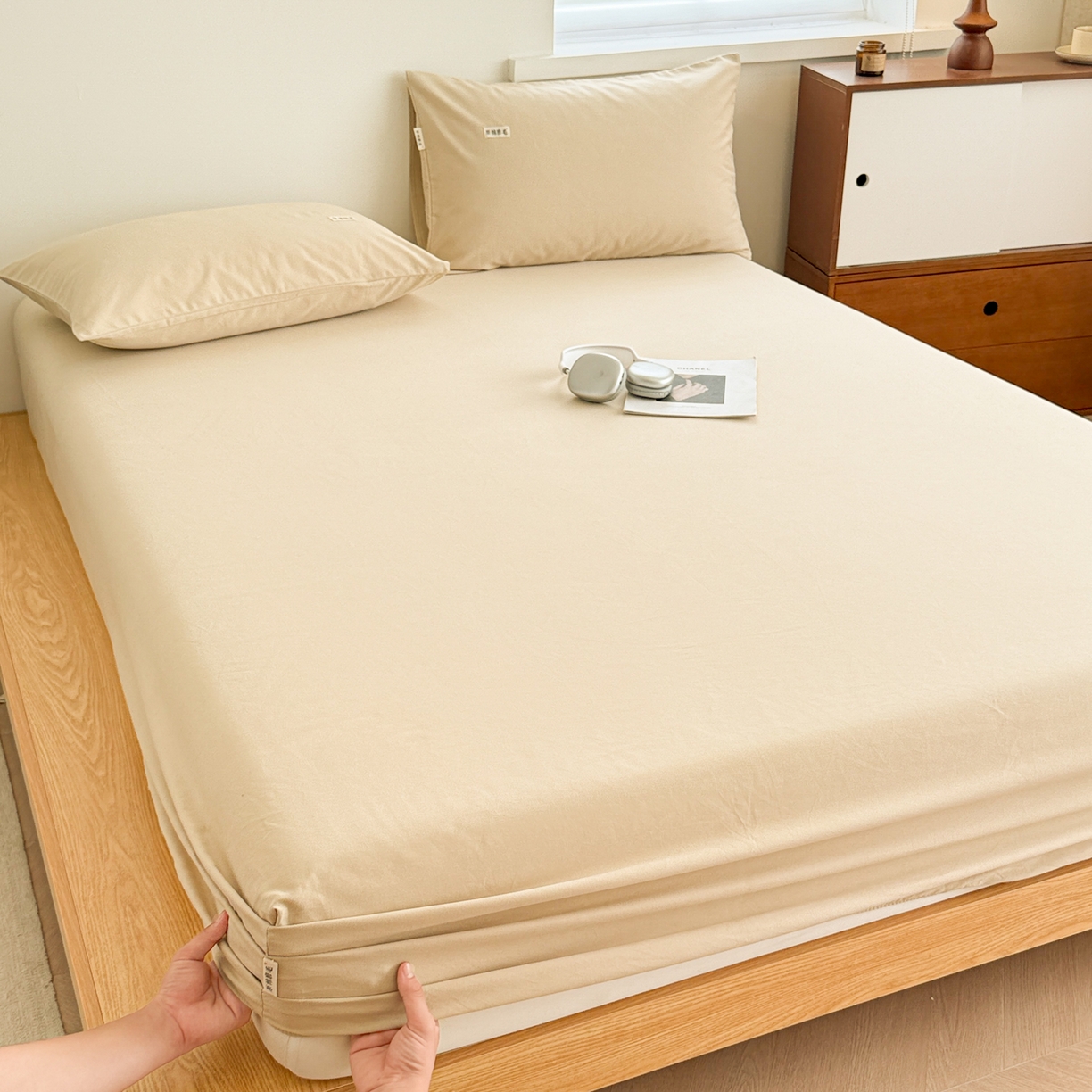 91家纺网 家纺一手货源 找家纺 眠博士 2025新款A类纯色全棉磨毛大床床笠三件套 磨毛床笠-陶瓷杏