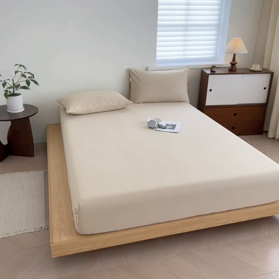 91家纺网 家纺一手货源 找家纺 眠博士 2025新款A类纯色全棉磨毛大床床笠三件套 磨毛床笠-陶瓷杏