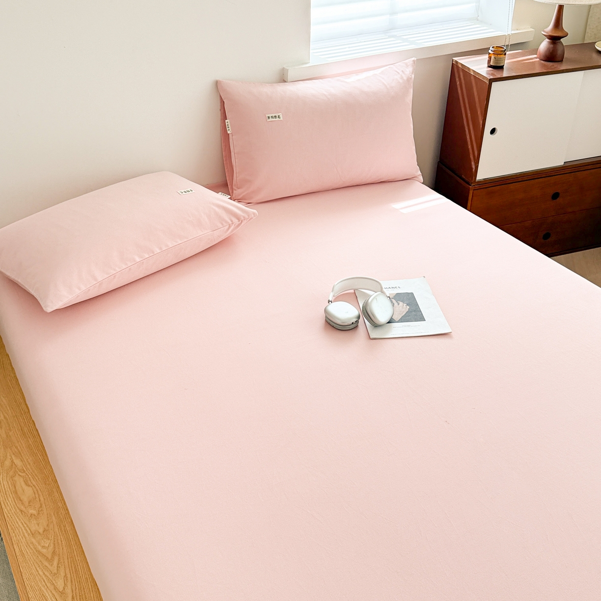 91家纺网 家纺一手货源 找家纺 眠博士 2025新款A类纯色全棉磨毛大床床笠三件套 磨毛床笠-陶瓷粉