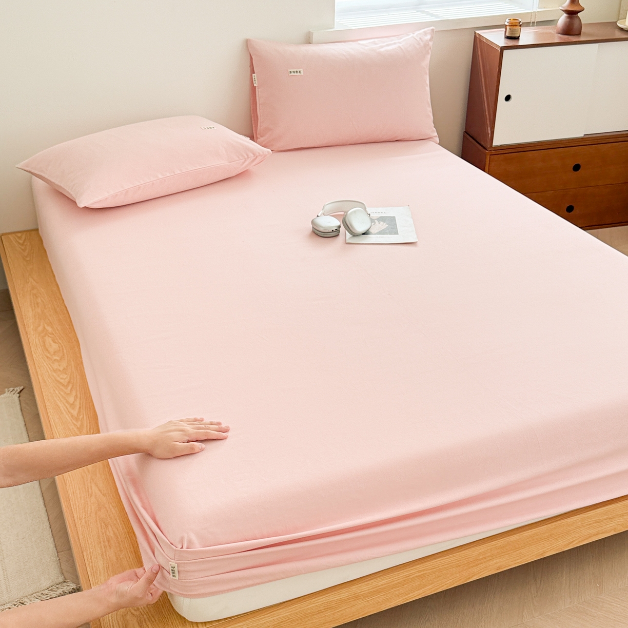 91家纺网 家纺一手货源 找家纺 眠博士 2025新款A类纯色全棉磨毛大床床笠三件套 磨毛床笠-陶瓷粉