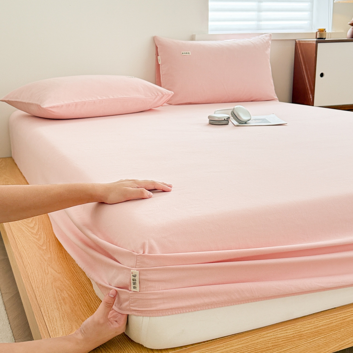 91家纺网 家纺一手货源 找家纺 眠博士 2025新款A类纯色全棉磨毛大床床笠三件套 磨毛床笠-陶瓷粉