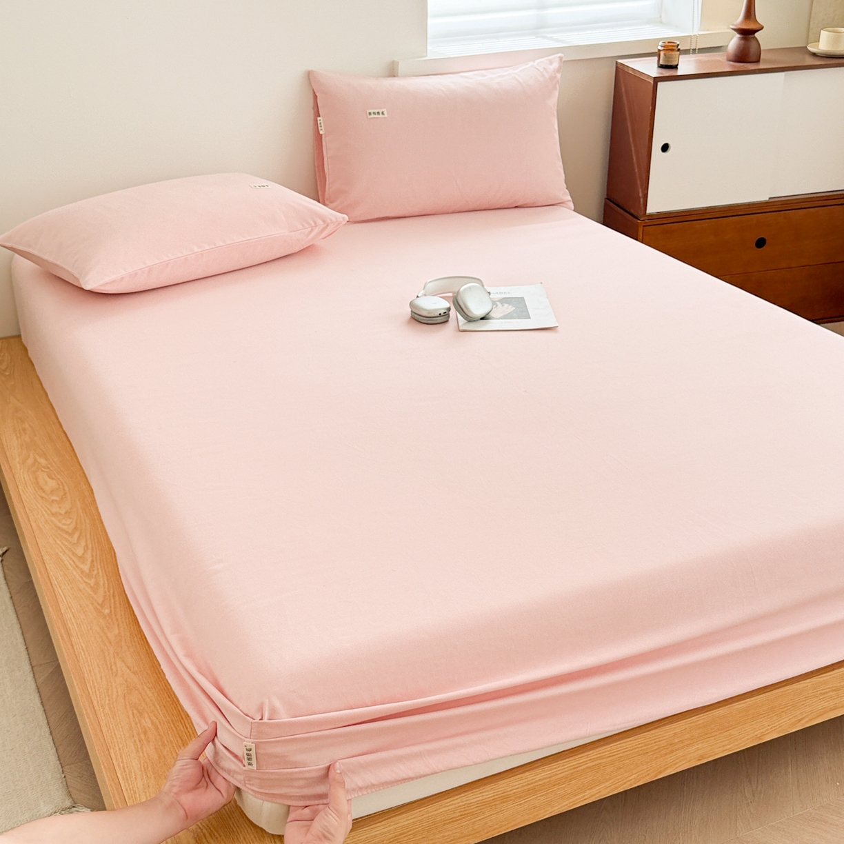 91家纺网 家纺一手货源 找家纺 眠博士 2025新款A类纯色全棉磨毛大床床笠三件套 磨毛床笠-陶瓷粉