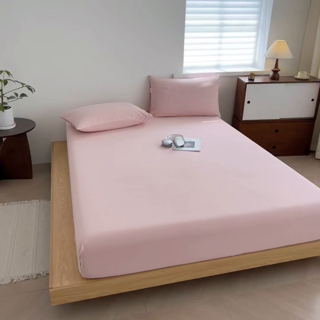 91家纺网 家纺一手货源 找家纺 眠博士 2025新款A类纯色全棉磨毛大床床笠三件套 磨毛床笠-陶瓷粉