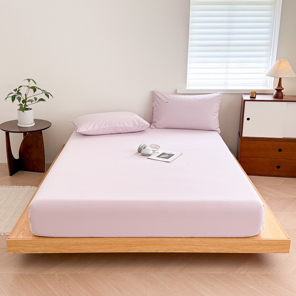 91家纺网 家纺一手货源 找家纺 眠博士 2025新款A类纯色全棉磨毛大床床笠三件套 磨毛床笠-陶瓷紫