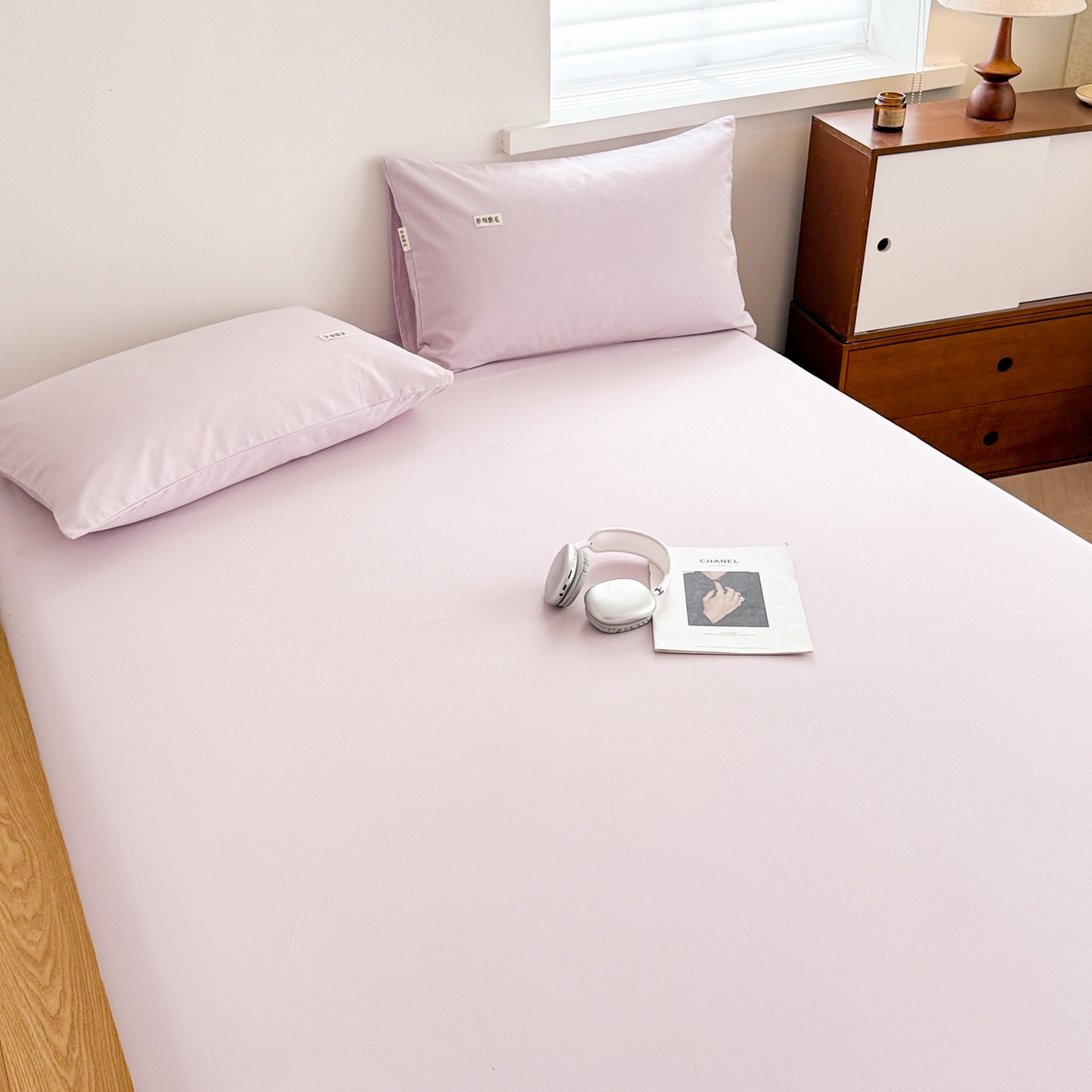 91家纺网 家纺一手货源 找家纺 眠博士 2025新款A类纯色全棉磨毛大床床笠三件套 磨毛床笠-陶瓷紫