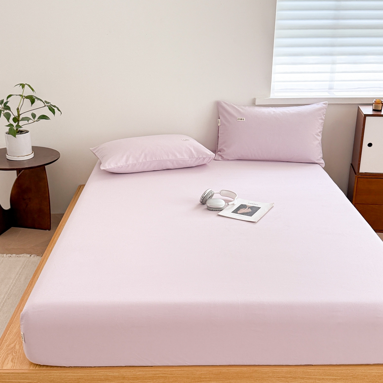 91家纺网 家纺一手货源 找家纺 眠博士 2025新款A类纯色全棉磨毛大床床笠三件套 磨毛床笠-陶瓷紫