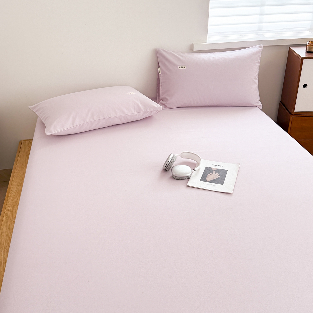 91家纺网 家纺一手货源 找家纺 眠博士 2025新款A类纯色全棉磨毛大床床笠三件套 磨毛床笠-陶瓷紫