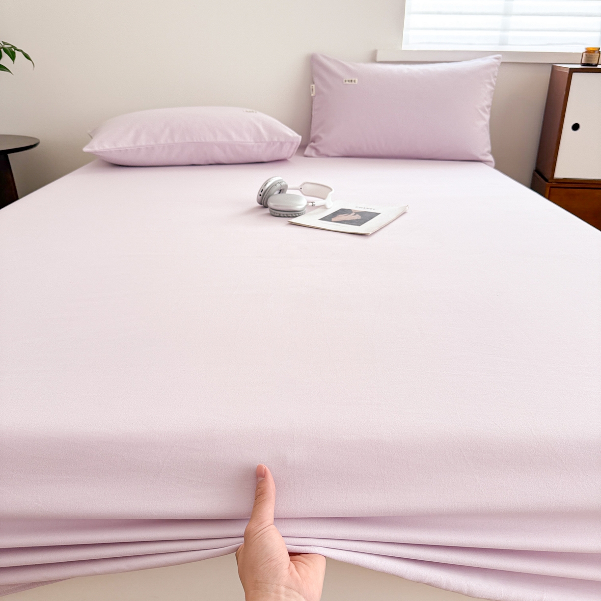 91家纺网 家纺一手货源 找家纺 眠博士 2025新款A类纯色全棉磨毛大床床笠三件套 磨毛床笠-陶瓷紫