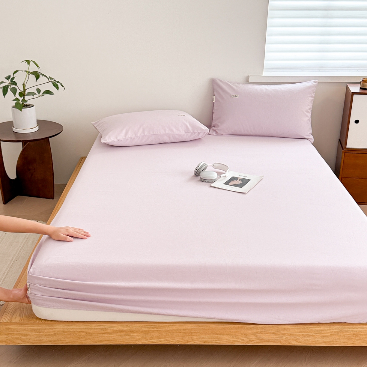 91家纺网 家纺一手货源 找家纺 眠博士 2025新款A类纯色全棉磨毛大床床笠三件套 磨毛床笠-陶瓷紫