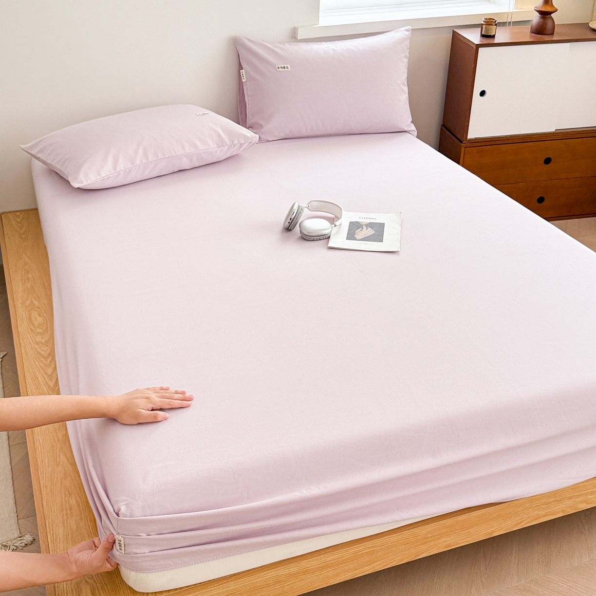 91家纺网 家纺一手货源 找家纺 眠博士 2025新款A类纯色全棉磨毛大床床笠三件套 磨毛床笠-陶瓷紫