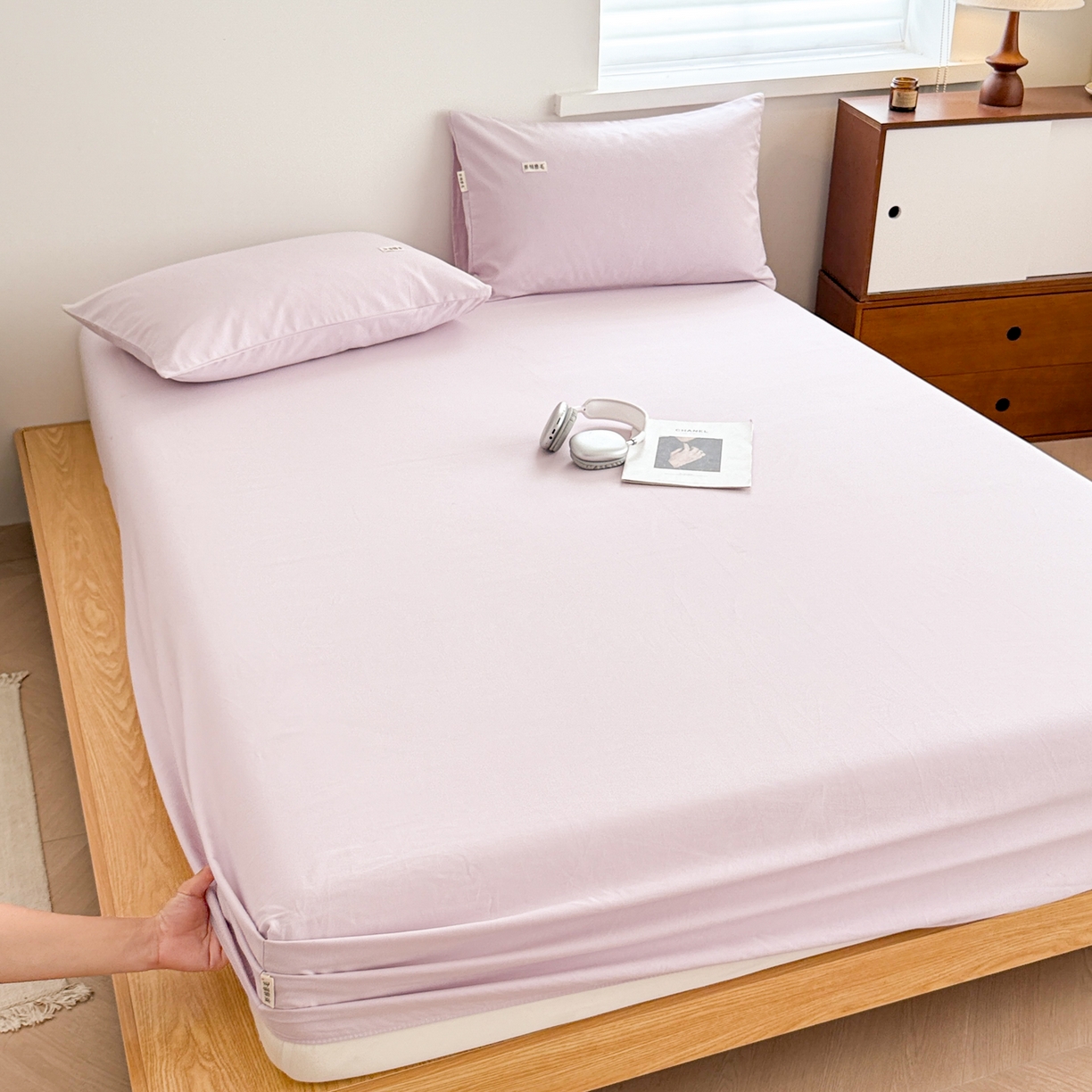 91家纺网 家纺一手货源 找家纺 眠博士 2025新款A类纯色全棉磨毛大床床笠三件套 磨毛床笠-陶瓷紫