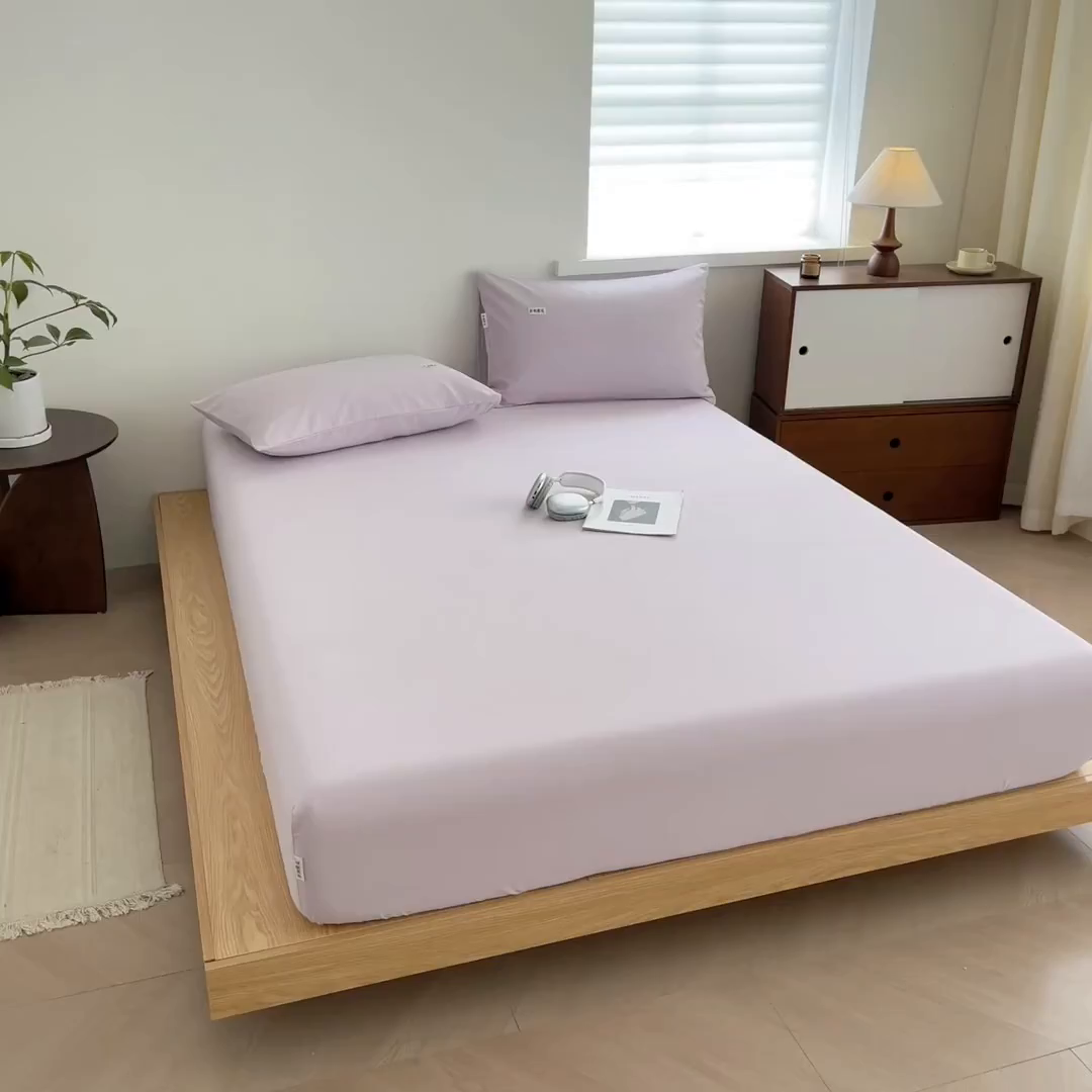91家纺网 家纺一手货源 找家纺 眠博士 2025新款A类纯色全棉磨毛大床床笠三件套 磨毛床笠-陶瓷紫