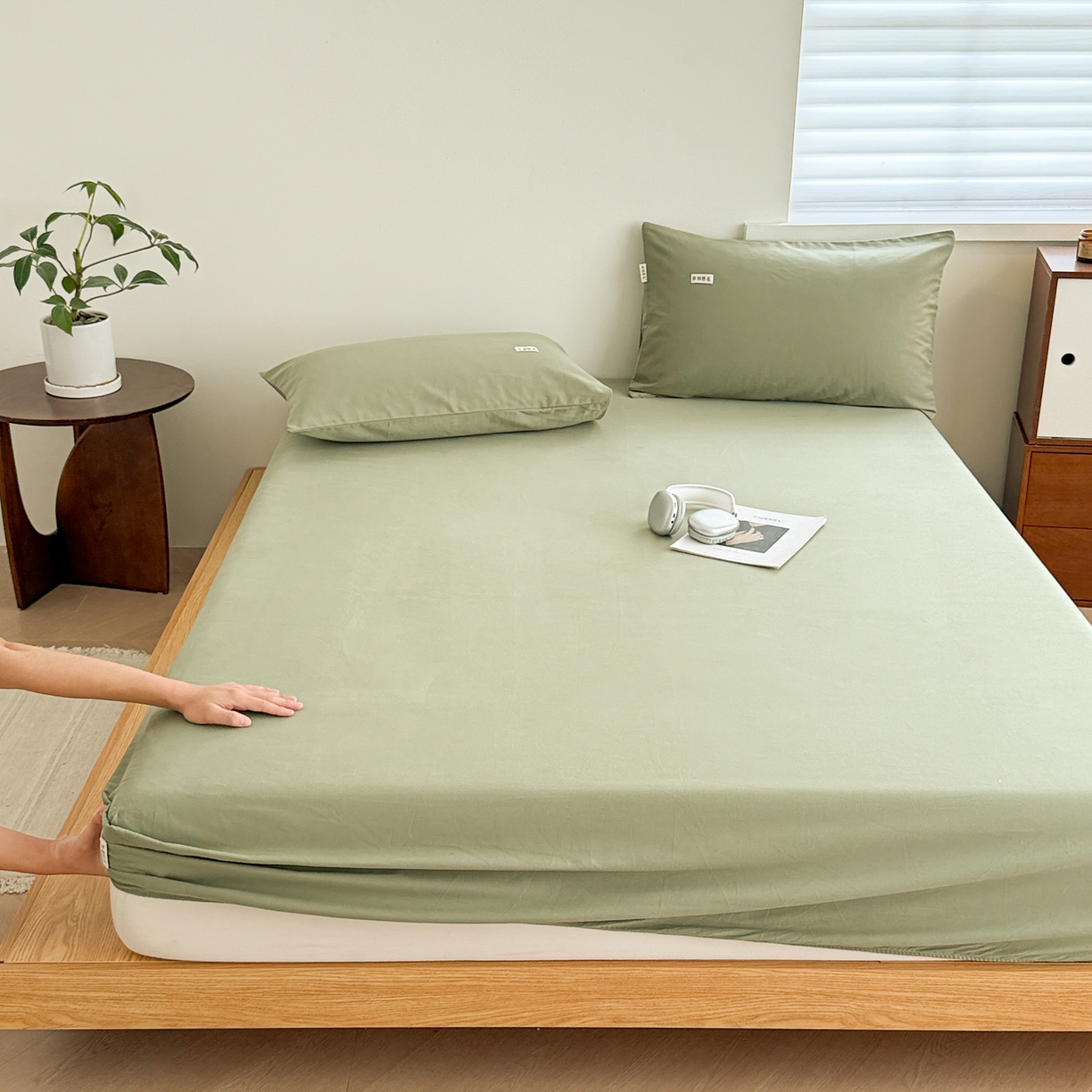 91家纺网 家纺一手货源 找家纺 眠博士 2025新款A类纯色全棉磨毛大床床笠三件套 磨毛床笠-陶瓷草绿