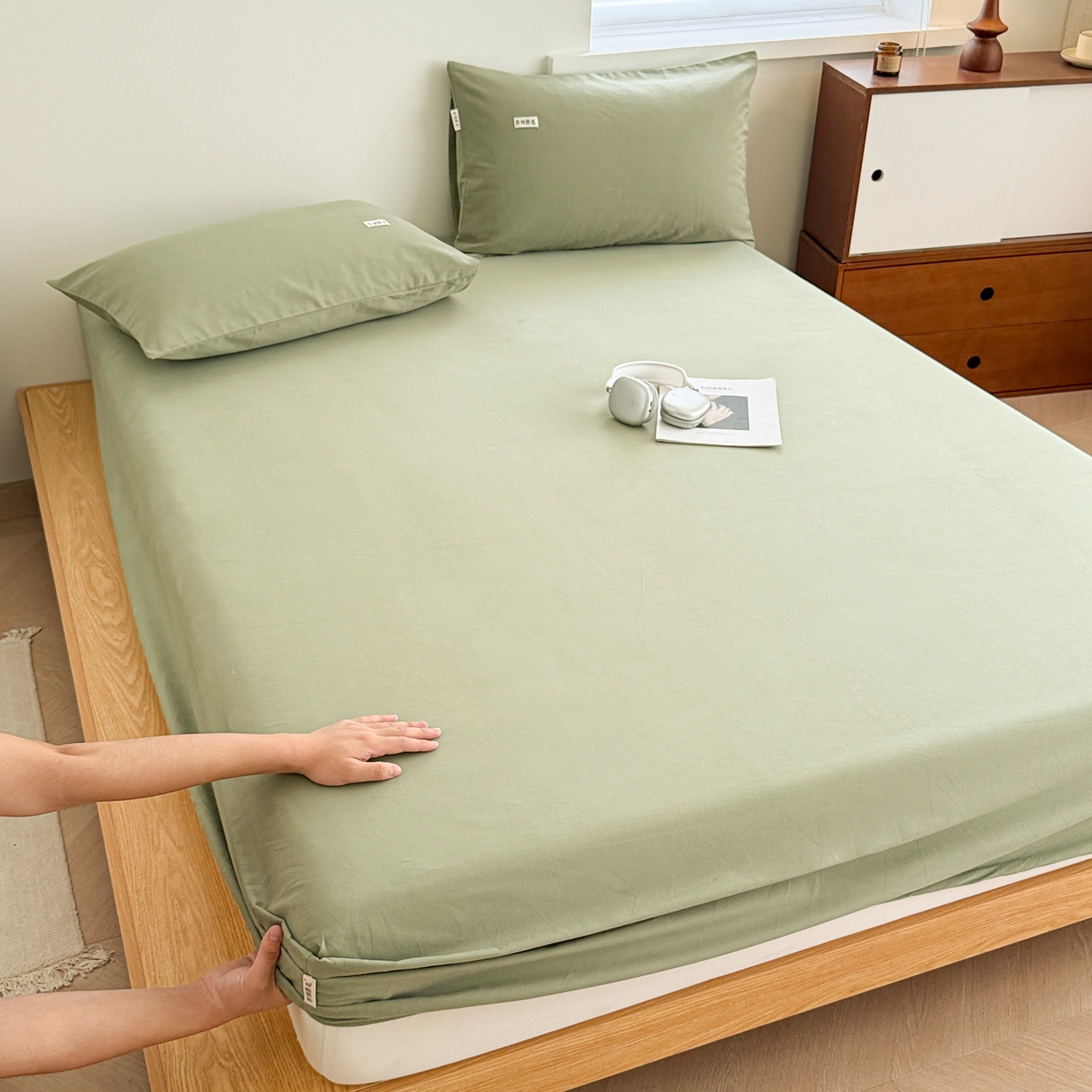 91家纺网 家纺一手货源 找家纺 眠博士 2025新款A类纯色全棉磨毛大床床笠三件套 磨毛床笠-陶瓷草绿