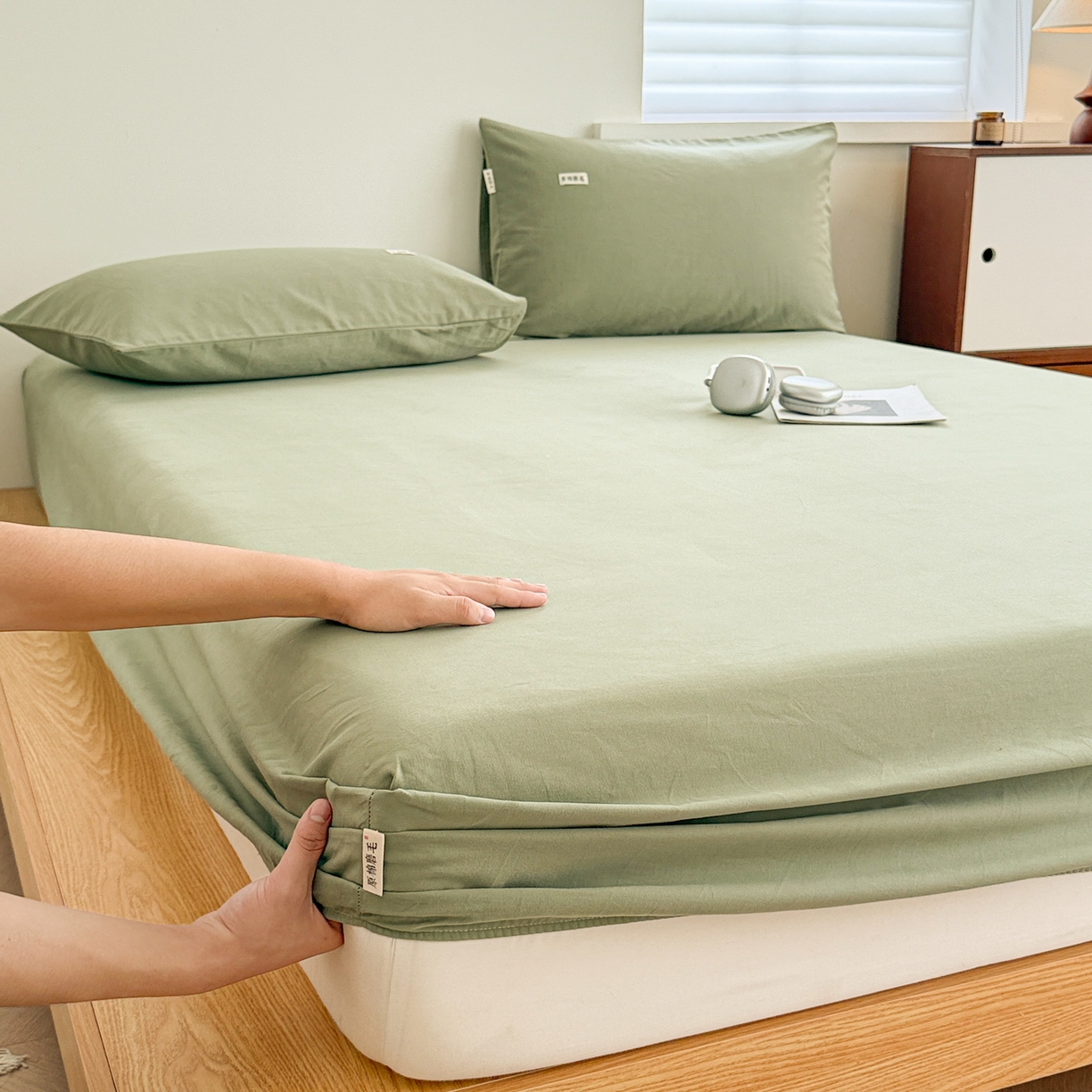 91家纺网 家纺一手货源 找家纺 眠博士 2025新款A类纯色全棉磨毛大床床笠三件套 磨毛床笠-陶瓷草绿