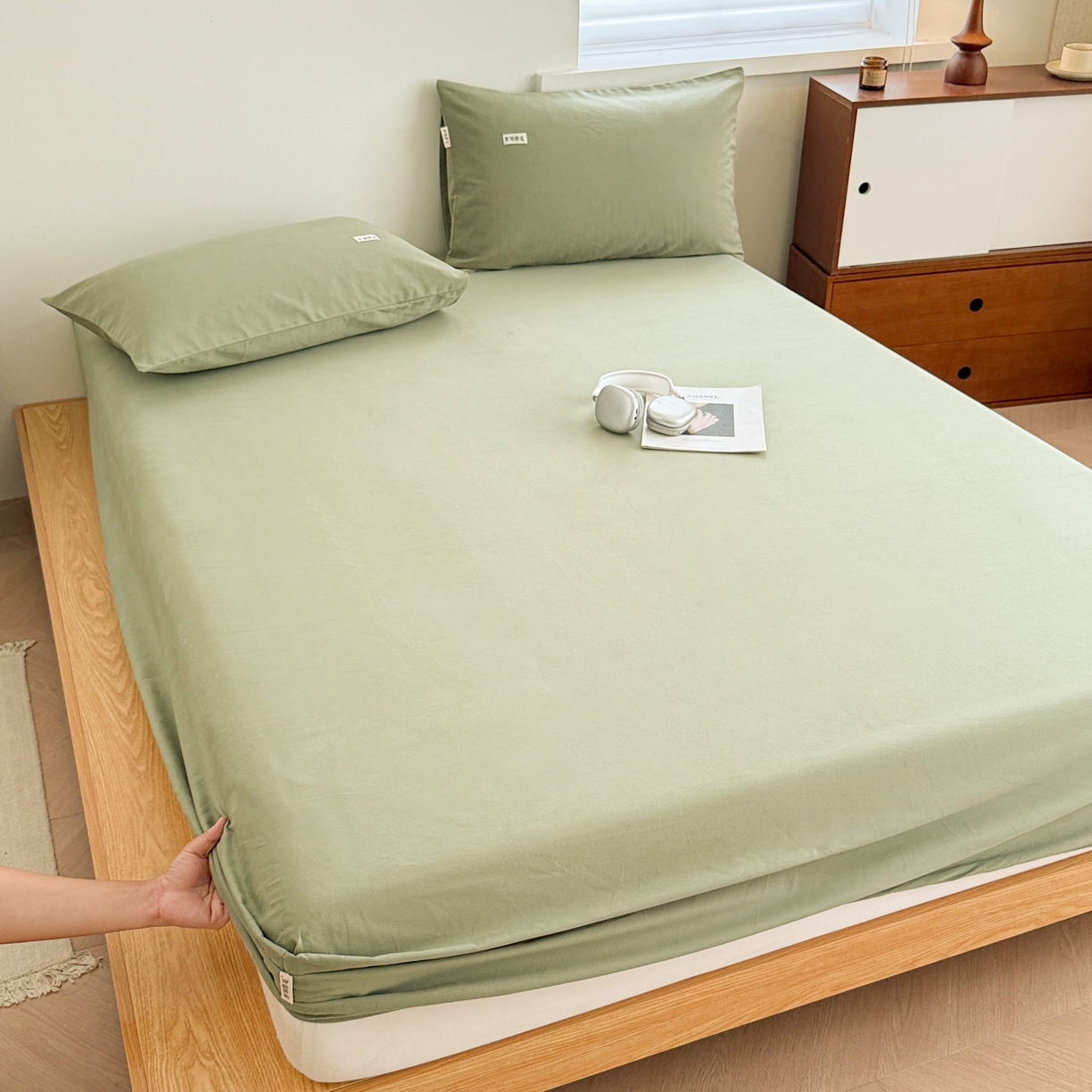 91家纺网 家纺一手货源 找家纺 眠博士 2025新款A类纯色全棉磨毛大床床笠三件套 磨毛床笠-陶瓷草绿