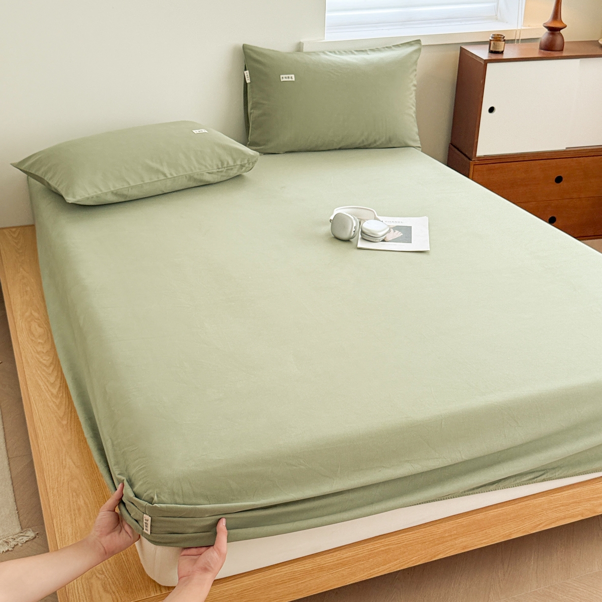 91家纺网 家纺一手货源 找家纺 眠博士 2025新款A类纯色全棉磨毛大床床笠三件套 磨毛床笠-陶瓷草绿