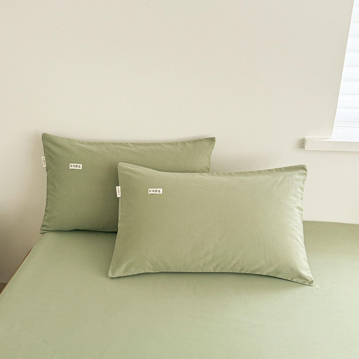 91家纺网 家纺一手货源 找家纺 眠博士 2025新款A类纯色全棉磨毛大床床笠三件套 磨毛床笠-陶瓷草绿