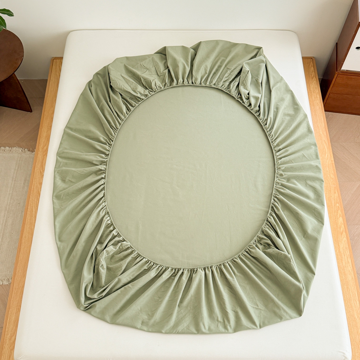 91家纺网 家纺一手货源 找家纺 眠博士 2025新款A类纯色全棉磨毛大床床笠三件套 磨毛床笠-陶瓷草绿