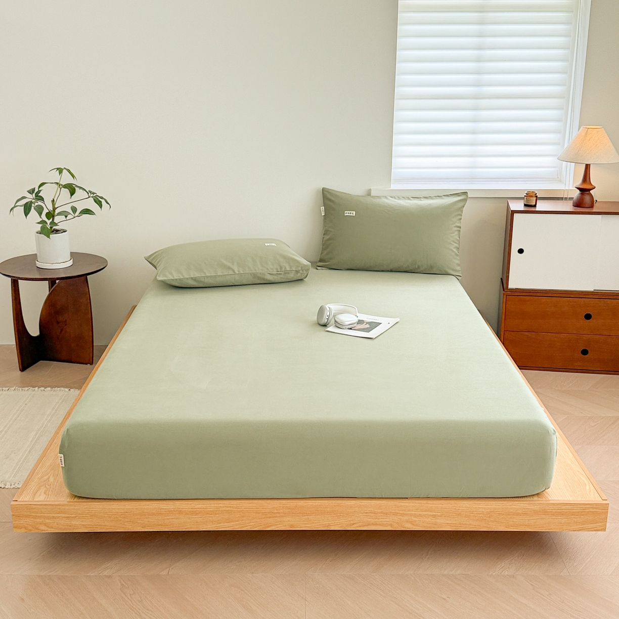 91家纺网 家纺一手货源 找家纺 眠博士 2025新款A类纯色全棉磨毛大床床笠三件套 磨毛床笠-陶瓷草绿