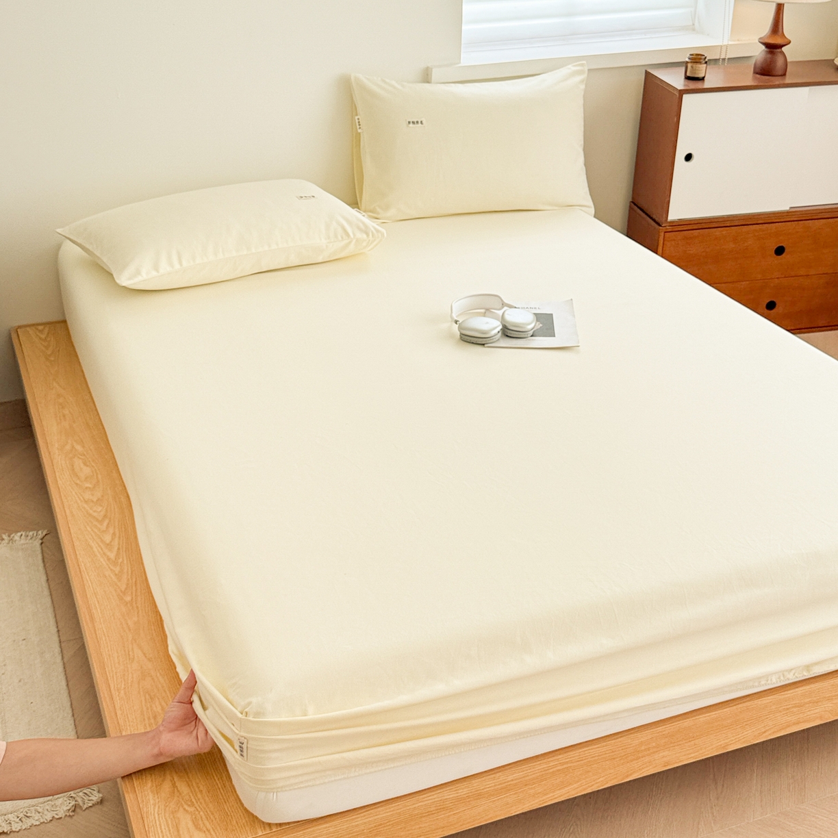 91家纺网 家纺一手货源 找家纺 眠博士 2025新款A类纯色全棉磨毛大床床笠三件套 磨毛床笠-陶瓷奶白