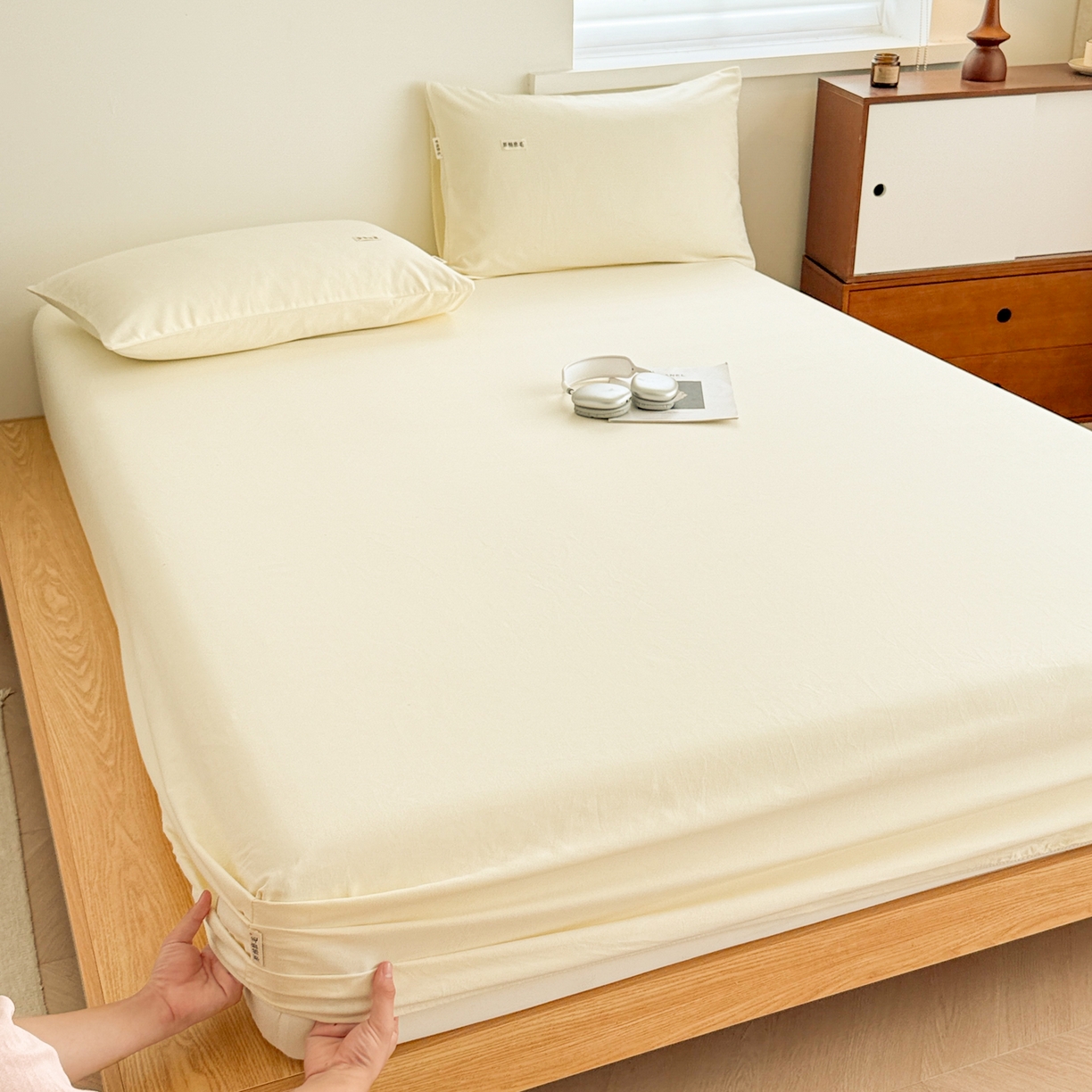 91家纺网 家纺一手货源 找家纺 眠博士 2025新款A类纯色全棉磨毛大床床笠三件套 磨毛床笠-陶瓷奶白