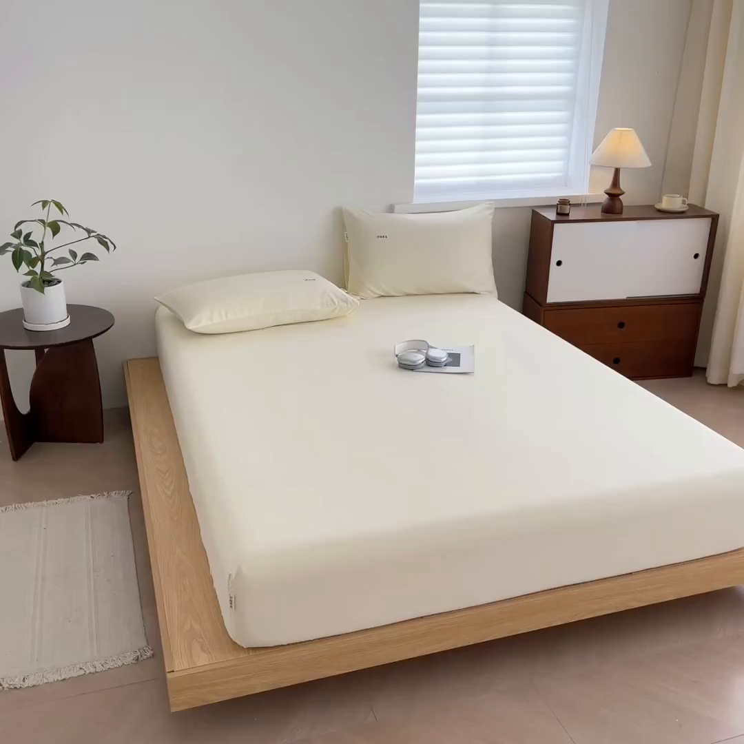 91家纺网 家纺一手货源 找家纺 眠博士 2025新款A类纯色全棉磨毛大床床笠三件套 磨毛床笠-陶瓷奶白