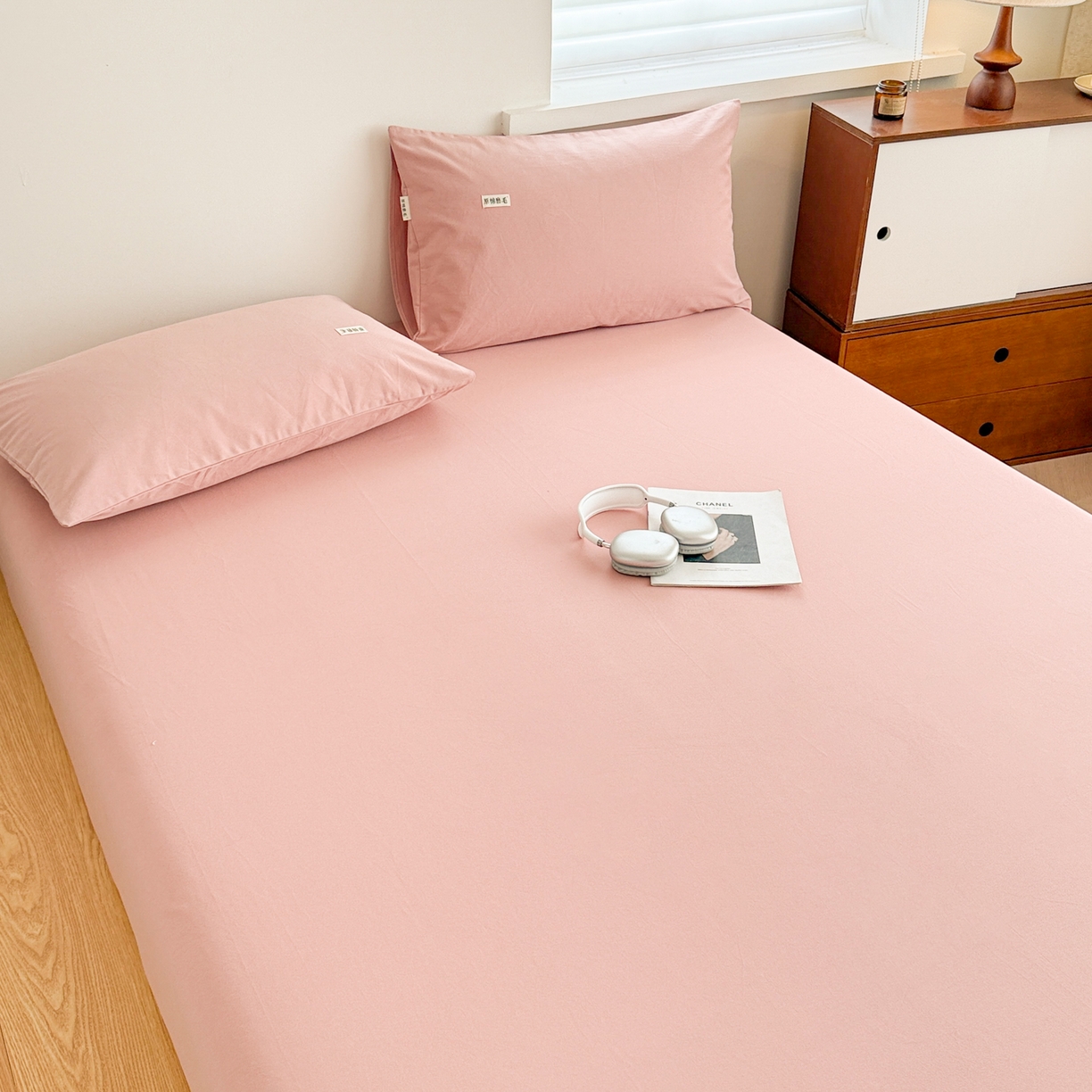 91家纺网 家纺一手货源 找家纺 眠博士 2025新款A类纯色全棉磨毛大床床笠三件套 磨毛床笠-陶瓷豆沙