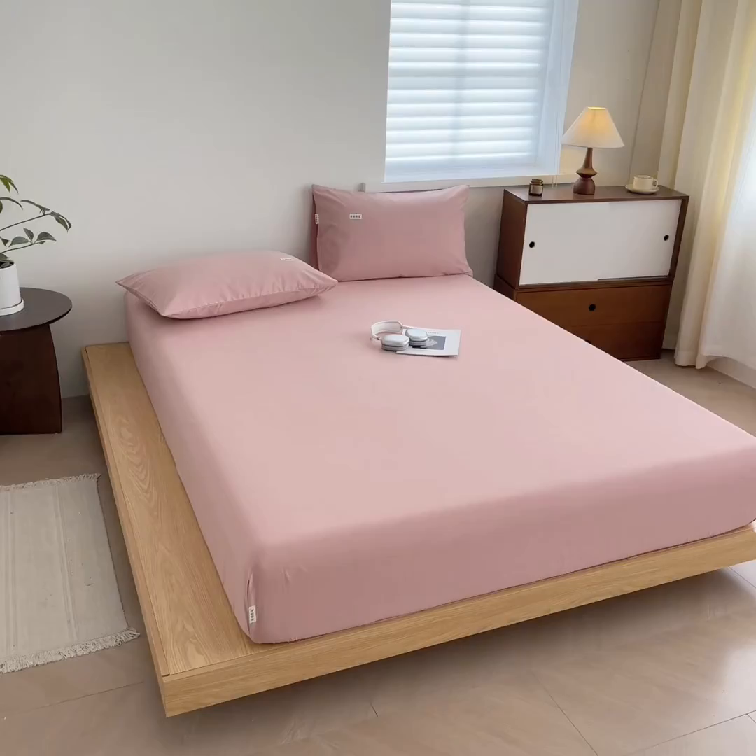 91家纺网 家纺一手货源 找家纺 眠博士 2025新款A类纯色全棉磨毛大床床笠三件套 磨毛床笠-陶瓷豆沙