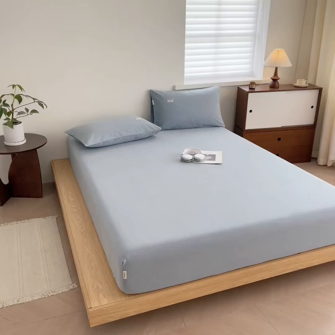 91家纺网 家纺一手货源 找家纺 眠博士 2025新款A类纯色全棉磨毛大床床笠三件套 磨毛床笠-陶瓷浅蓝