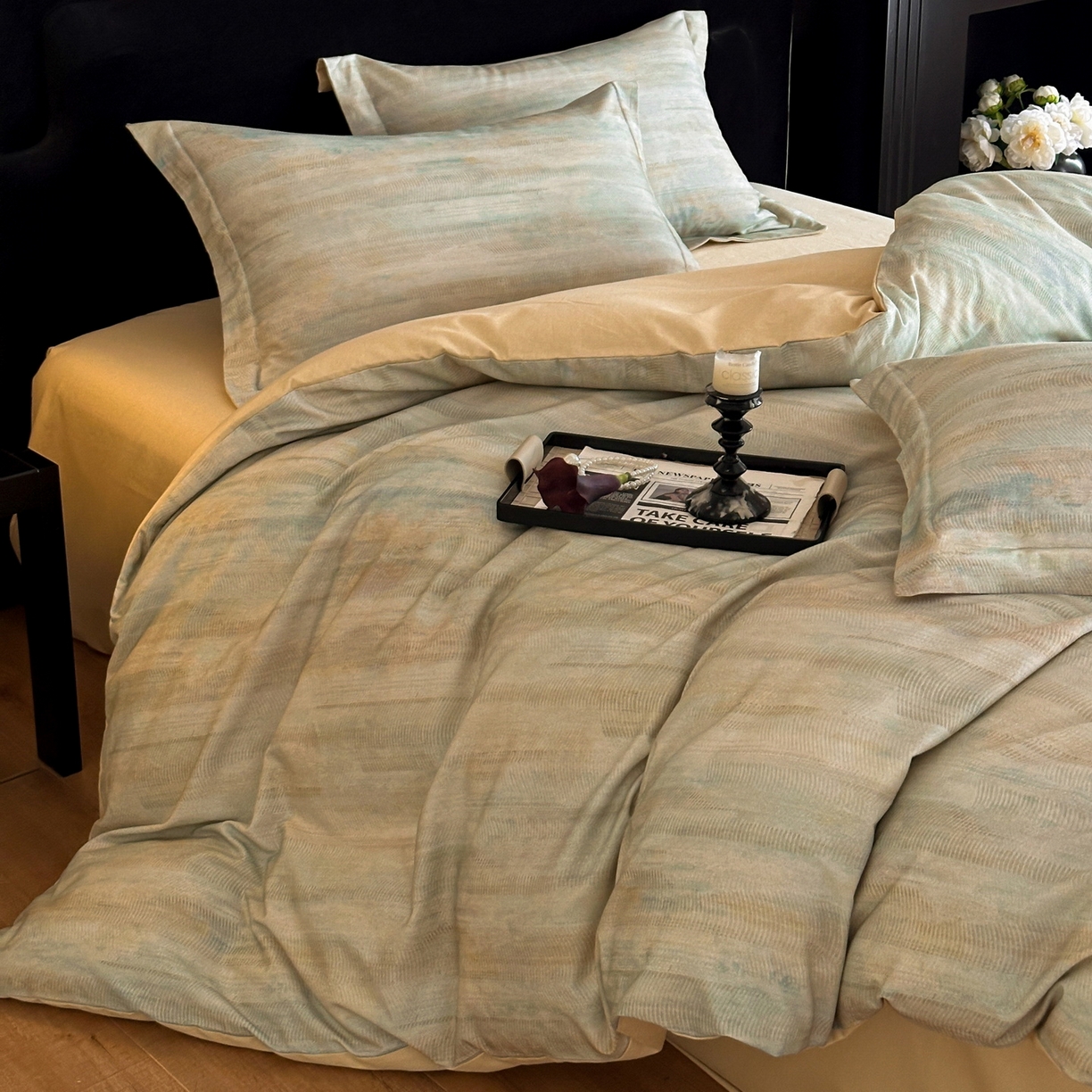 91家纺网 家纺一手货源 找家纺 （总）羚羊语家纺 2025新款A类全棉生态磨毛100棉数码印花四件套活性磨毛轻奢美拉德系简约花卉床单床笠三件套