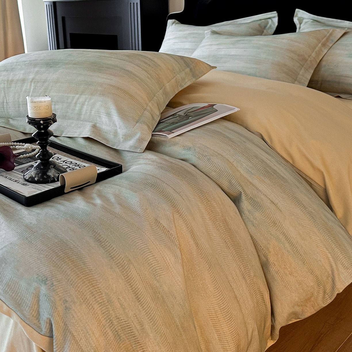 91家纺网 家纺一手货源 找家纺 羚羊语家纺 2025新款A类全棉生态磨毛100棉数码印花四件套活性磨毛轻奢美拉德系简约花卉床单床笠三件套 江山里