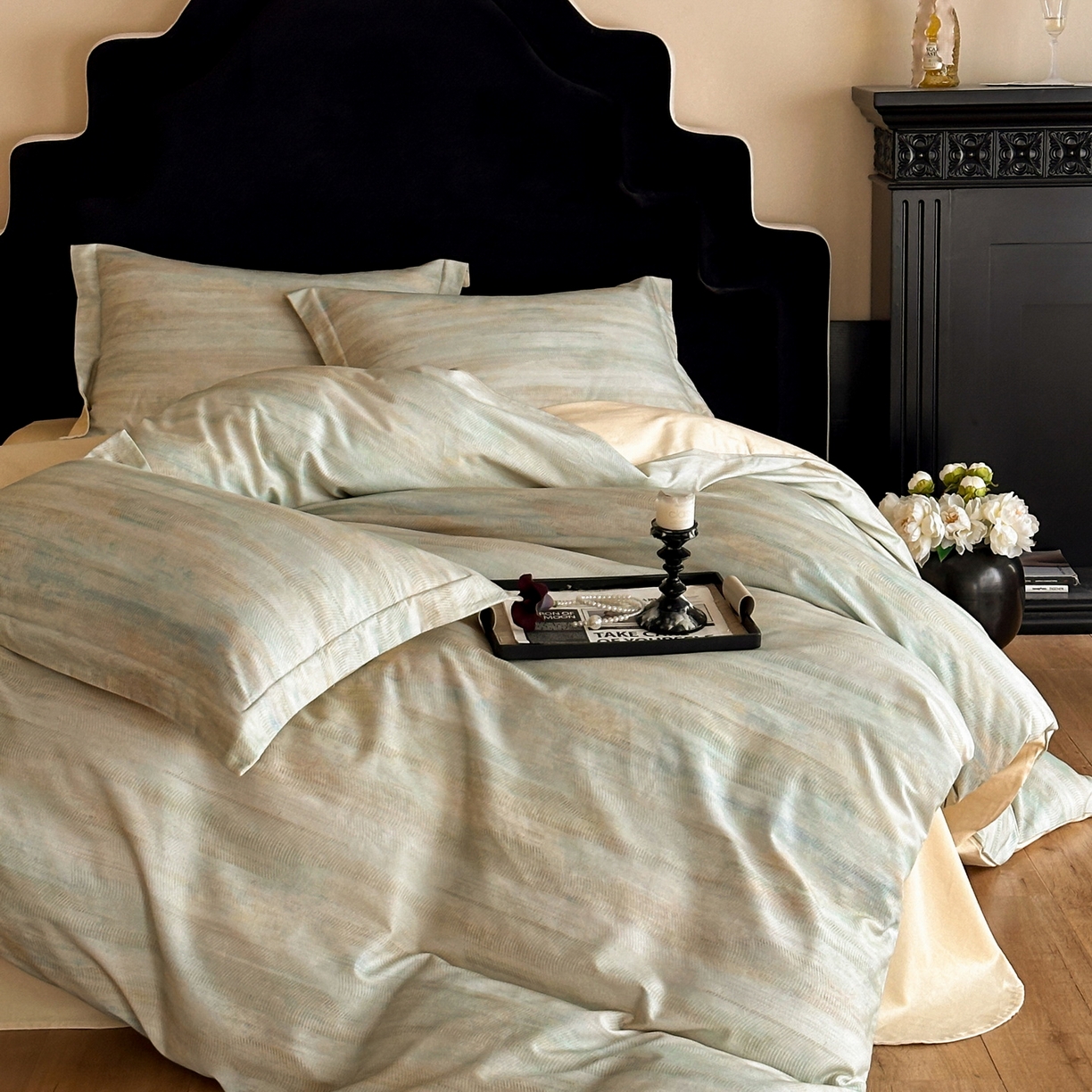 91家纺网 家纺一手货源 找家纺 羚羊语家纺 2025新款A类全棉生态磨毛100棉数码印花四件套活性磨毛轻奢美拉德系简约花卉床单床笠三件套 江山里